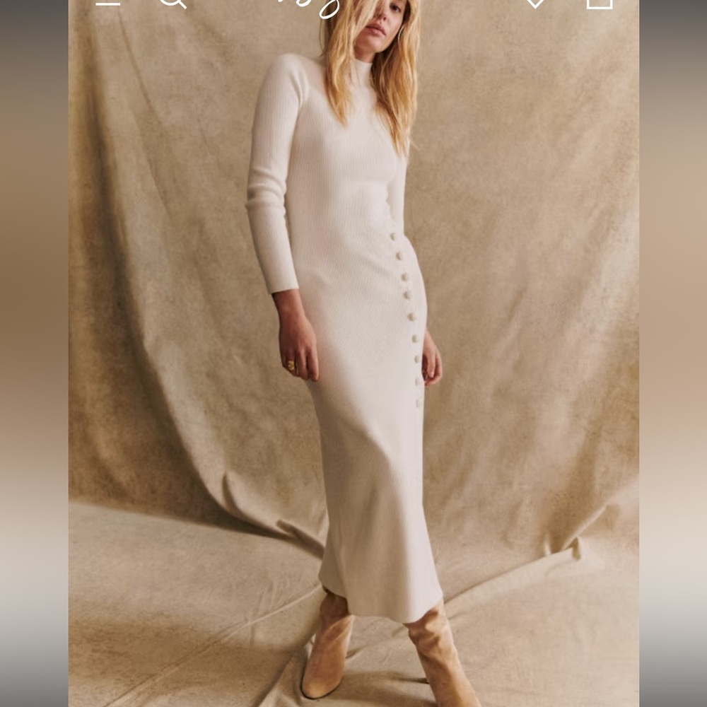 Cream Ribbed Long-Sleeve Button-Detail Midi Dress
